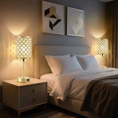GyroVu Gold Crystal Bedside Table Lamps Set of 2 with USB C+A Ports - color: Gold-2, size: 14.75"