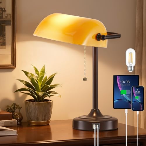 EJIAXIN Vintage Bankers Lamp - Retro Desk Lamp with USB & Type C Charging Ports Traditional Pull Chain Switch Library Table Lamp for Home Office Nightstand Bedroom Side Table Lamp(Amber Glass Shade) - color: Amber Glass Shade