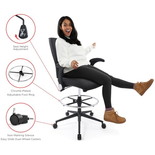 Ergonomic Adjustable Drafting Chair Extra Tall Office Stool for Standing Desk, Mid Back Faux Leather Counter Height Comfortable Bar High Roll Tilt Computer Chair with Flip Up Arms and Foot Ring, Black