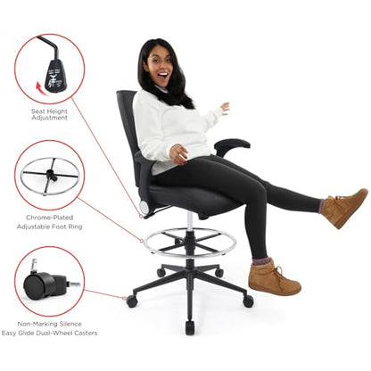 Ergonomic Adjustable Drafting Chair Extra Tall Office Stool for Standing Desk, Mid Back Faux Leather Counter Height Comfortable Bar High Roll Tilt Computer Chair with Flip Up Arms and Foot Ring, Black