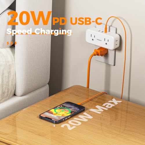 TESSAN 20W PD Wall Outlet Extender, Multi Plug Mini Wall Expander, White - color: White with 20W PD, size: 7 Outlets