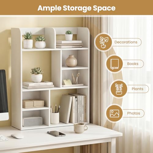 Tangkula Desktop Bookshelf, 5-Tier Desktop Display Rack with 4 Open Shelves & 4 Cubes, Modern Tabletop Bookcase Organizer for Computer Desk, Countertop Storage Hutch for Home Office Dorm (White) - size: 23.5" x 9" x 31.5"