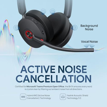 Yealink BH74 UC Bluetooth Headset with Mic for Work, AI Hybrid ANC, USB C/A - color: BH74 UC, style: BH74(Headset only)