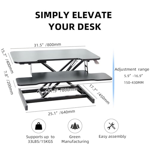 Standing Desk Converter, 32" Height Adjustable Sit to Stand Up Workstation, Dual Monitor Desk Riser with Keyboard Tray, Black Desktop Tabletop Riser Laptop for Home Office