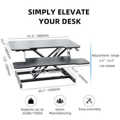 Standing Desk Converter, 32" Height Adjustable Sit to Stand Up Workstation, Dual Monitor Desk Riser with Keyboard Tray, Black Desktop Tabletop Riser Laptop for Home Office