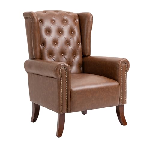MOJAY Mid-Century PU Leather Accent Chair, Living Room Lounge Sofa Chair with Buttons, Single Club Armchair with Rivet Trim for Bedroom Home Reception (Brown) - color: Brown, size: Set of 1
