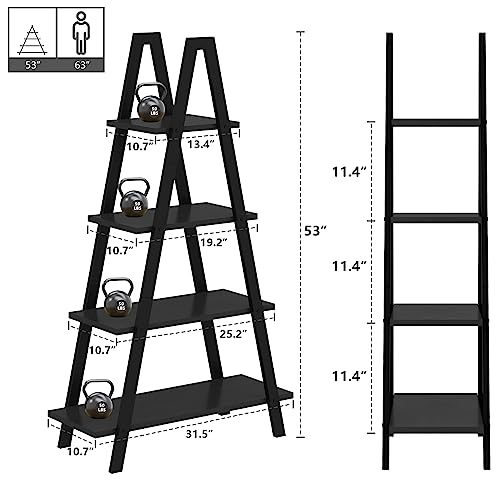 Recaceik 4-Tier A-Shaped Ladder Bookshelf, Industrial Wooden Bookcase with Metal Frame, Farmhouse Open Display Shelves for Living Room, Bedroom, Office - color: Black