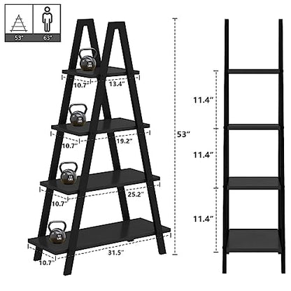 Recaceik 4-Tier A-Shaped Ladder Bookshelf, Industrial Wooden Bookcase with Metal Frame, Farmhouse Open Display Shelves for Living Room, Bedroom, Office - color: Black