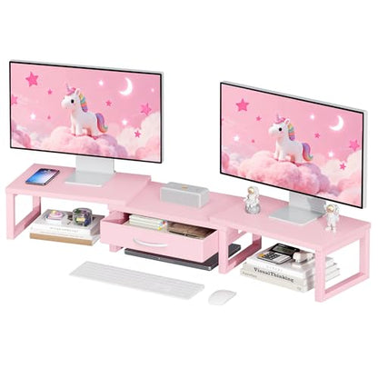 Desk Organizers and Accessories, Dual Monitor Stand Riser with Drawer, Computer Monitor Stand, Adjustable Desk Shelf for PC Laptop Printer TV, Pink