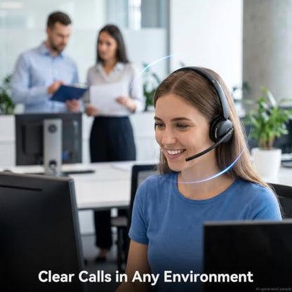 Wireless Headset with Mic for Work, Bluetooth Headset with Microphone AI Noise Cancelling, 65H Battery Headset with Microphone for PC with Fast Charge & Mute Button for Laptop/Call Center/Computer