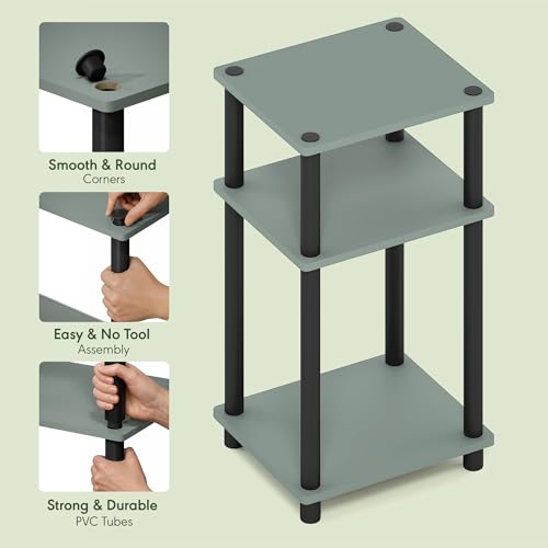 Furinno JUST Side Table, 3-Tier End Table, Open Shelves Night Stand, Bedside Table, Toolless Assembly, for Living Room, Bedroom, Bathroom, Sage Green - color: Sage Green/Black, size: 3-Tier, Round Pole, style: 1-Pack