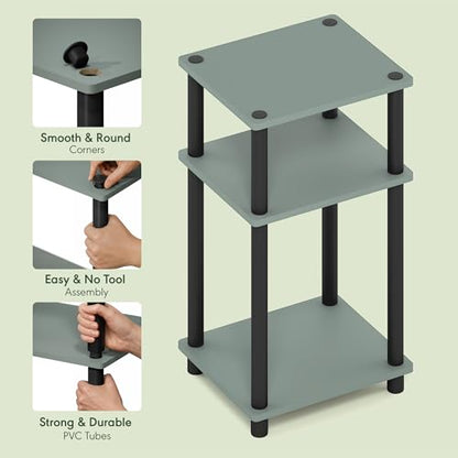Furinno JUST Side Table, 3-Tier End Table, Open Shelves Night Stand, Bedside Table, Toolless Assembly, for Living Room, Bedroom, Bathroom, Sage Green - color: Sage Green/Black, size: 3-Tier, Round Pole, style: 1-Pack
