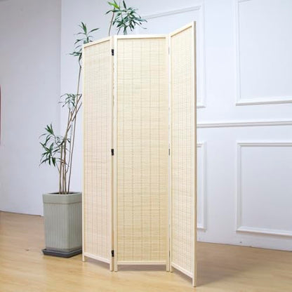Furnnylane 3 Panel Room Divider and Folding Panel Screen,Bamboo Panel Divider Screen for Room Separation,Beige,67" H x 46" W - color: Beige, size: 3 Panel