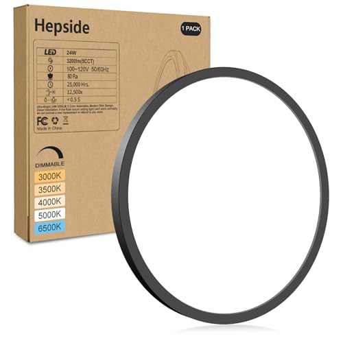 hepside LED Flush Mount Ceiling Light Fixture, 12Inch 24W, Dimmable&3000K/3500K/4000K/5000K/6500K Adjustable Low Profile Ceiling Lights, 3200LM Modern Lamp for Bedroom, Porch, Kitchen, Hallway, Black - color: Black, size: 12Inch-1pack