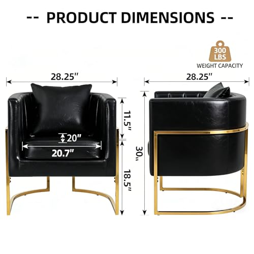 PU Leather Accent Chair, Modern Barrel Arm Chair for Living Room/Bedroom/Guest Reception, Upholstered Club Armchair with Pillow & Gold Base, Black - color: Black-leather, size: 1 PC