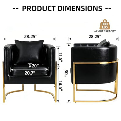 PU Leather Accent Chair, Modern Barrel Arm Chair for Living Room/Bedroom/Guest Reception, Upholstered Club Armchair with Pillow & Gold Base, Black - color: Black-leather, size: 1 PC