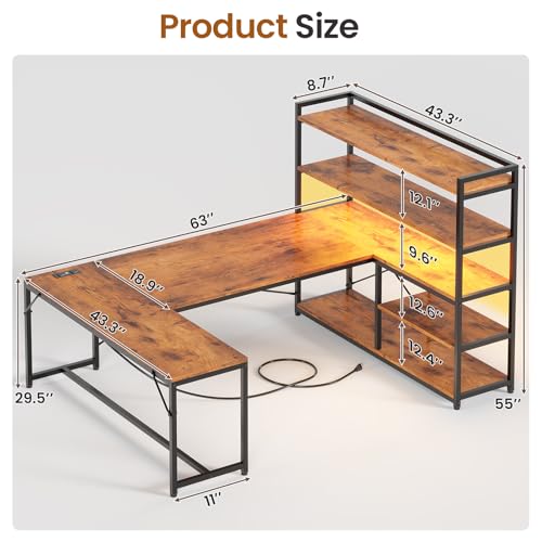 SEDETA L Shaped Desk with Storage Shelves, 63” Reversible U Shaped Office Desk, Gaming Desk with Power Outlet and LED Lights for Home Office, Rustic Brown - color: Rustic Brown