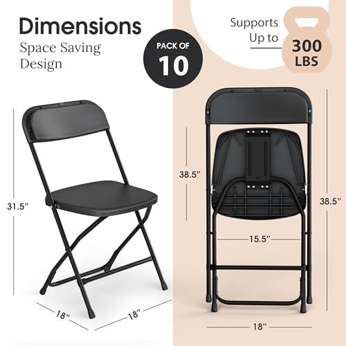 10 Pack Foldable Plastic Chair | Folding & Stackable | 350 lbs Capacity Steel Frame Seats for Indoor Outdoor | Commercial Use Events Wedding Party Bulk Picnic Kitchen Dining - Black - color: Black