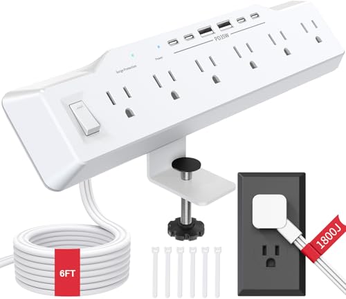 Desk Clamp Power Strip Surge Protector, 6 Outlets, Flat Plug, 1800J, 4 USB-C Ports (Any Port 35W), for Home & Office, Flame-Retardant PC-ABS Housing, Fits 1.96" Desk Edge, White - style: Desk Clamp Socket - White