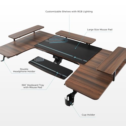 EUREKA ERGONOMIC Gaming Standing Desk with Keyboard Tray,74" U Shaped Studio Desk for Recording&Live,Electric Height Adjustable Desk w LED Convertible Shelves,Walnut