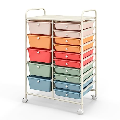 COSTWAY 15 Drawer Rolling Storage Cart, Mobile Utility Cart with Lockable Wheels, Drawers, Multipurpose Organizer Cart for Home, Office, School, Mixed Color - color: Mixed Color
