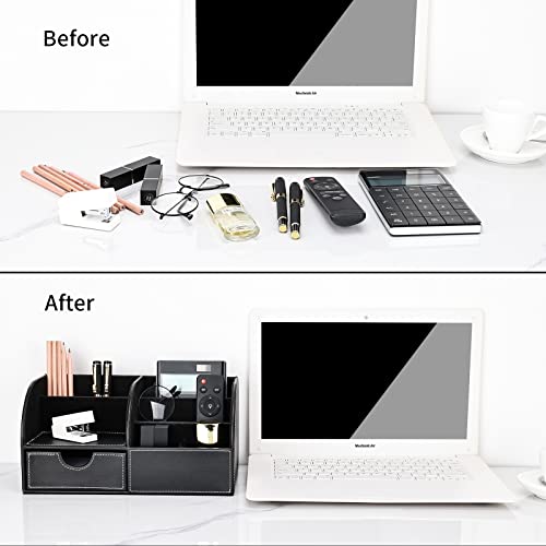 Pu Leather Desk Organizer Pen Pencil Holder Office Supplies Caddy Storage Box 6 Compartments with Drawer Black - color: Black