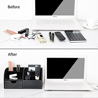 Pu Leather Desk Organizer Pen Pencil Holder Office Supplies Caddy Storage Box 6 Compartments with Drawer Black - color: Black