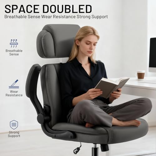 Ergonomic Office Chair with Lumbar Support, 400lbs Heavy Duty Big and Tall Executive Desk Chair, PU Leather High Back Computer Chair with Flip-Up Arms & Adjustable Headrest, Gray - color: Grey, size: Adjustable Headrest Office Chair