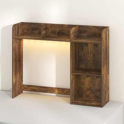 Furinno Classic Desk Shelf with LED Lights, 5-Shelf Hutch, Amber Pine | LED Desktop Book Shelf, Desk Organzier, for Office Supplies, Office Desk Accessories - color: Amber Pine