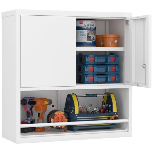GREATMEET 31" H Locking Metal Garage Storage Cabinet with Doors and Shelves, Lockable Wall Cabinet Storage, White Steel Wall Mount Cabinet Hanging Floating for Office Utility Room - color: White, size: 31"H