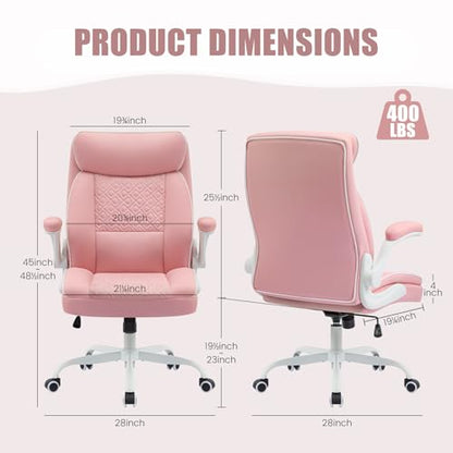 Leather Office Chair, Computer Desk Chair with Lumbar Support,Height Adjustment, Comfortable Excutive Task Chairs 400lbs with Padded Flip-up Armrests, Pink - color: Pink