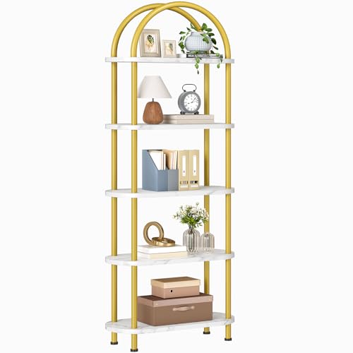 HOOBRO 5 Tier Open Bookshelf, Industrial Arched Bookcase Display Shelf Rack, Wooden Bookcase Storage Shelf Metal Frame, Tall Storage Organizer for Home, Easy Assembly, Gold DM176SJ01 - color: Gold