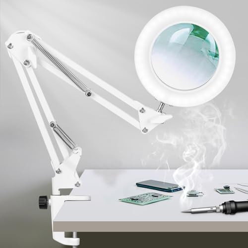 KIRKAS Magnifying Glass with Light and Stand, 12X 20in Clamp | Magnifier Adjustable Color Dimmable for Craft Hobby Repair Sewing Beading Close Work, LED Lighted Desk Lamp Swivel Arm Black - color: White, size: 12X-20in Clamp