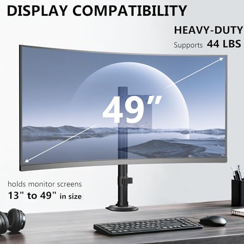 WALI Heavy Duty Single Monitor Arm Desk Mount for 13-49 Inch Screens, Ultrawide Monitor Stand with Full Motion Tilt, Swivel, Rotation, Holds up to 44 lbs, C-Clamp Mount for VESA 75/100mm,(M001S) - size: 13"-49", style: Single