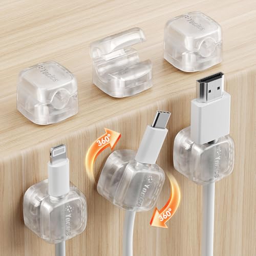 Rotatable Cord Organizer 6Pack, Spring Cable Clips for Desk Charger, Clear | 360° Rotatable, 7.5mm Universal Slot, Residue-Free Adhesive, One-Hand Spring Clip, 6-Pack Compact - color: Clear, size: 6Pack