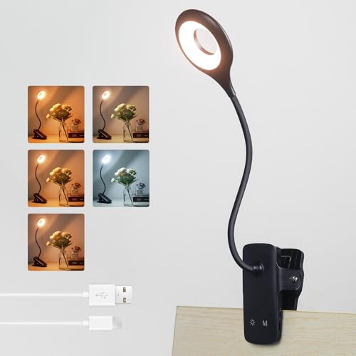 Akynite Clip on Light LED Desk Lamp 5 Brightness+5 Colors Rechargeable Lamp | Black, Dimmable, Battery powered, Flexible Gooseneck, Cordless & Portable, with Clamp, Book Reading Light for Bed/Headboard - color: Black