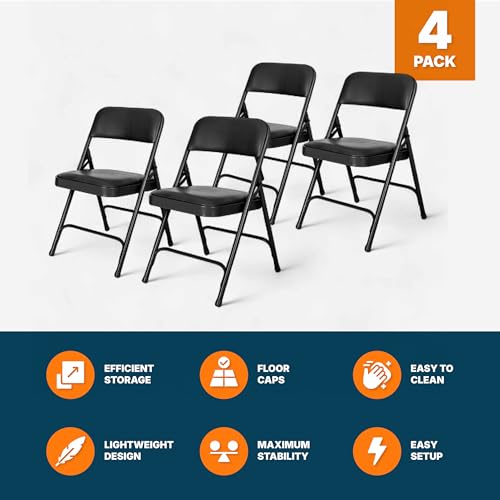 OEF Furnishings OEF1210 Vinyl Cushioned Folding Chairs with Steel Frame, Black, 4-Pack - color: Black