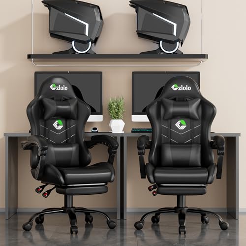 Czlolo Gaming Chair with Footrest Racing Style Lumbar Support Massager Video Game Chair with Metal Legs, High Back Gamer Chair with Headrest, 360° Swivel Office Computer Desk Chair (Black) - color: Black