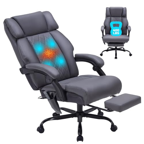 Massage Office Chair with Foot Rest and Heating, Executive Ergonomic Reclining Leather Office Chair, Big and Tall Desk Chair with Vibration Massager, Computer Gaming Chair for Home & Office Gray - color: Grey