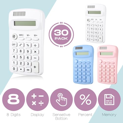 Flutesan 30 Pack Pocket Calculator,White, Pink, Blue - color: White, Pink, Blue