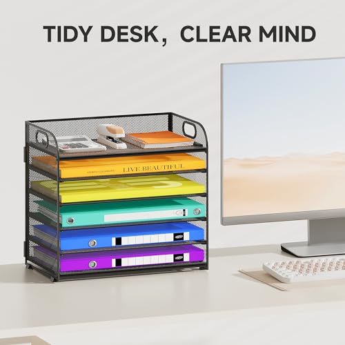 Cawukege 6-Tier Paper Organizer, Letter Tray with Handle, Mesh Desk Organizer, Metal File Organizer, Office Desk Accessories for Home, Office, Classroom, School (1, Black - 6 Tier, 12.6"x9.2"x13.4") - color: Black - 6 Tier