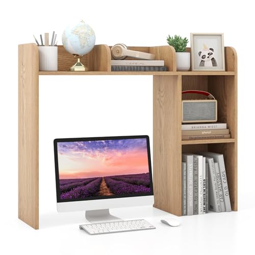 LDAILY Desktop Shelf, Multipurpose Wood Desk Hutch for Max 27" Computer Monitor, Countertop Storage Hutch with 5 Shelves, 3 Tier Desktop Display Rack for Dorm Office Home (Natural) - color: Natural, size: 5 Shelves