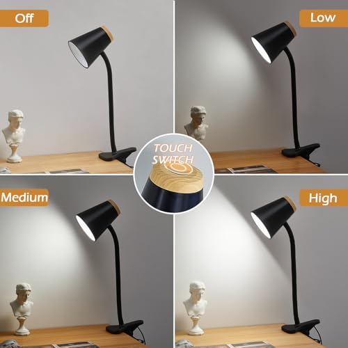EJIAXIN Clip on Desk Lamp for Home Office - Small LED Touch Dimmable Reading Light for College Dorm Room - Adjustable Flexible Gooseneck Clamp Light Table Lamp for Bedside Bedroom Bed Headboard Black - color: Matte Black