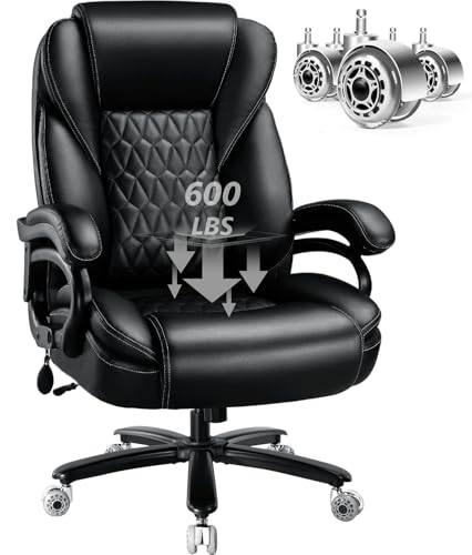 600lbs Big and Tall Office Chair with Pocket Spring Cushion, Ergonomic Heavy Duty Executive Office Desk Chair with Adjustable Lumbar Support, Large Comfy Computer Chair with Dual Rubber Wheel - color: Black