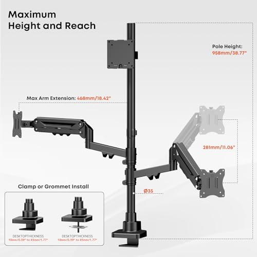 Triple Monitor Mount up to 49 inches, Fully Adjustable Gas Spring Arm | Heavy Duty, Cable Management, Ultrawide/Curved/Flat Monitors, C-Clamp & Grommet Base, Holds 44 lbs,75/100mm VESA, Black - size: Up to 49 Inch