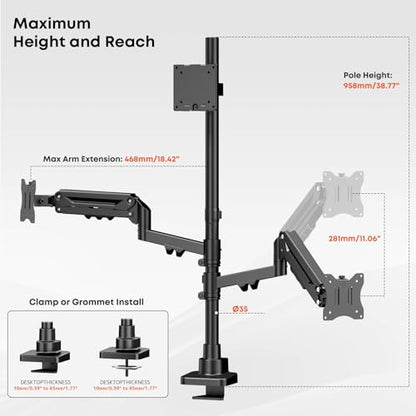 Triple Monitor Mount up to 49 inches, Fully Adjustable Gas Spring Arm | Heavy Duty, Cable Management, Ultrawide/Curved/Flat Monitors, C-Clamp & Grommet Base, Holds 44 lbs,75/100mm VESA, Black - size: Up to 49 Inch