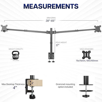 VIVO Premium Dual Ultra Wide LCD LED 40 to 45 inch Monitor Desk Mount, Heavy Duty, Adjustable Telescoping Arms, Flush Wall Setup, Fits 2 Screens, Black, STAND-TS45C - color: Black, size: 40" to 45"