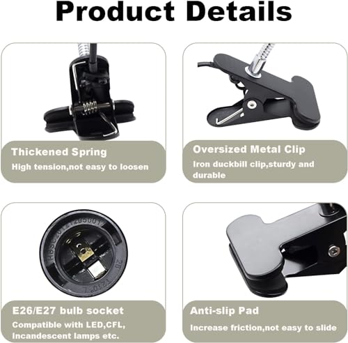 Clip Desk Lamp Socket 2 Pack Flexible Gooseneck Lamp Stand Clip-On with Switch Plugs Clip on Light with Flexible Neck Portable Clip on Light Metal Clip Holder Desk Study Clamp Lamp - color: Black, size: 2PCS