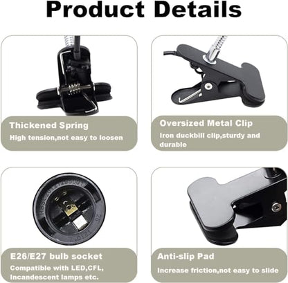 Clip Desk Lamp Socket 2 Pack Flexible Gooseneck Lamp Stand Clip-On with Switch Plugs Clip on Light with Flexible Neck Portable Clip on Light Metal Clip Holder Desk Study Clamp Lamp - color: Black, size: 2PCS
