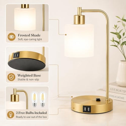 Set of 2 Industrial Touch Control Table Lamps with 2 USB Ports and AC Outlet - 3-Way Dimmable Gold Bedside Lamps Nightstand Desk Lamps for Bedroom Living Room, Opal Glass Shade & 2 LED Bulbs Included - color: Gold(2 pack)-Opal Glass-Touch Control